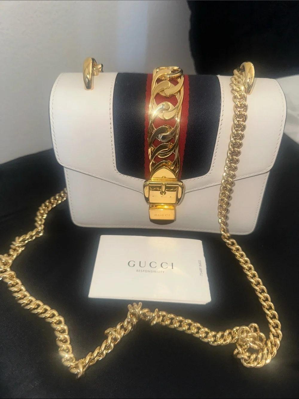 Gucci White and red blue Leather Chain Crossbody with Gold Hardware